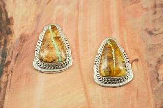 Genuine Boulder Turquoise set in Sterling Silver Post Earrings. The cabachons are of Boulder Turquoise, you can see the veins of Turquoise running through the host rock. The Boulder Turquoise Mine is located in northeast Nevada. It was discovered in 1970 by a Shoshone sheep herder. Production is small due to the remote location and winter weather. Boulder Turquoise is valued for both it's beauty and rarity. Every stone is unique. Created by Navajo Artist Arkie Nelson. Signed by the artist.